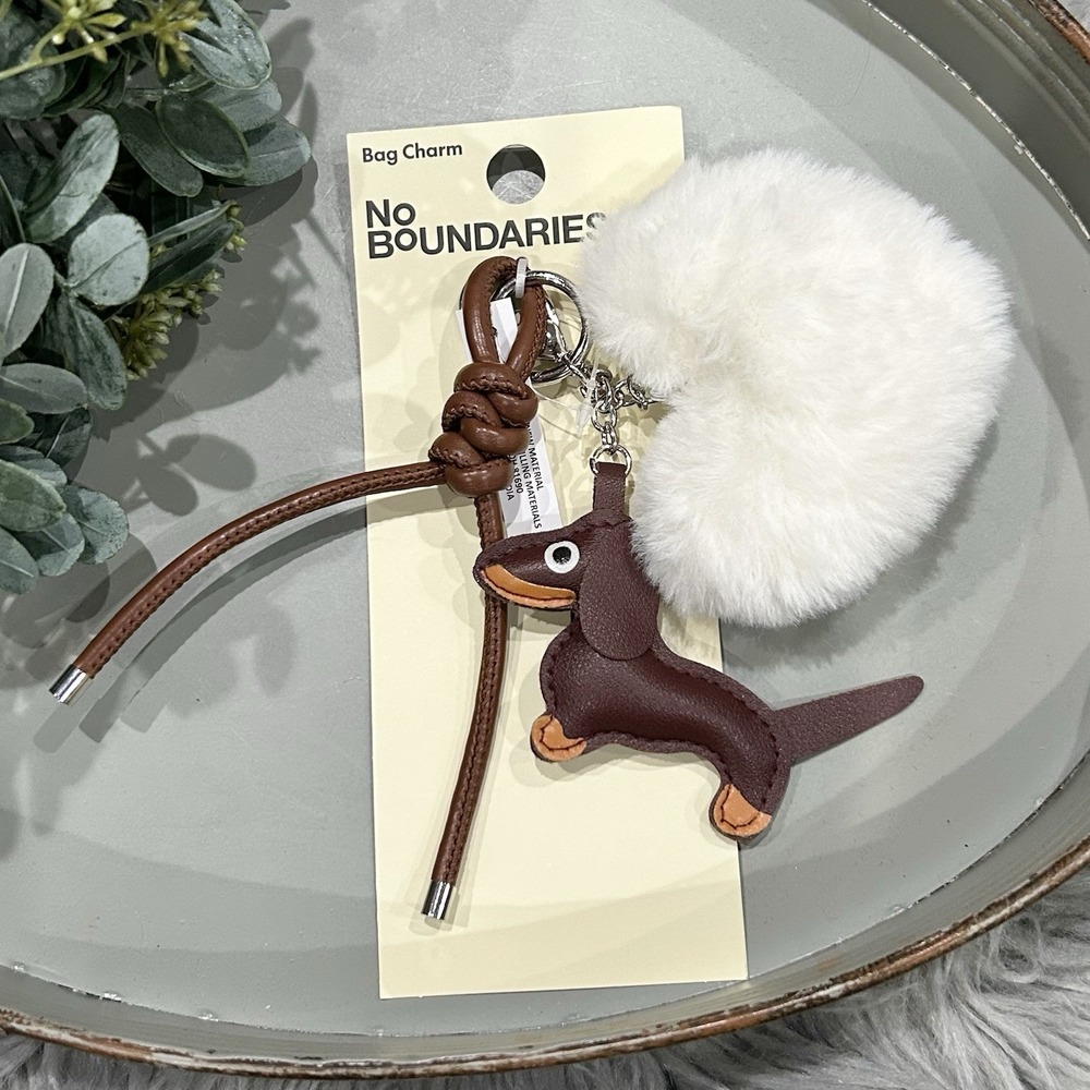 No Boundaries Brown Dachshund Faux Fur Bag Charm Keychain W/Pom Heart